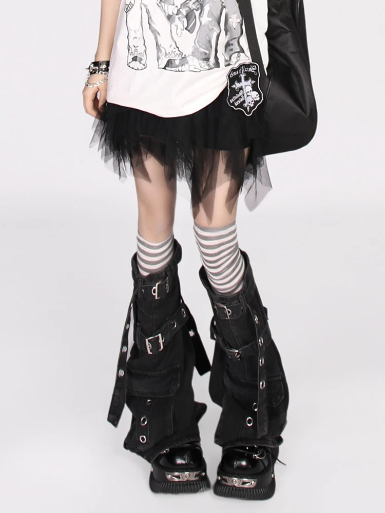 REDDACHiC Women Big Pockets Cargo Leg Warmers Denim Belted Boots Cover Black Stacked Long Socks Harajuku Grayu Y2k Streetwear 240613