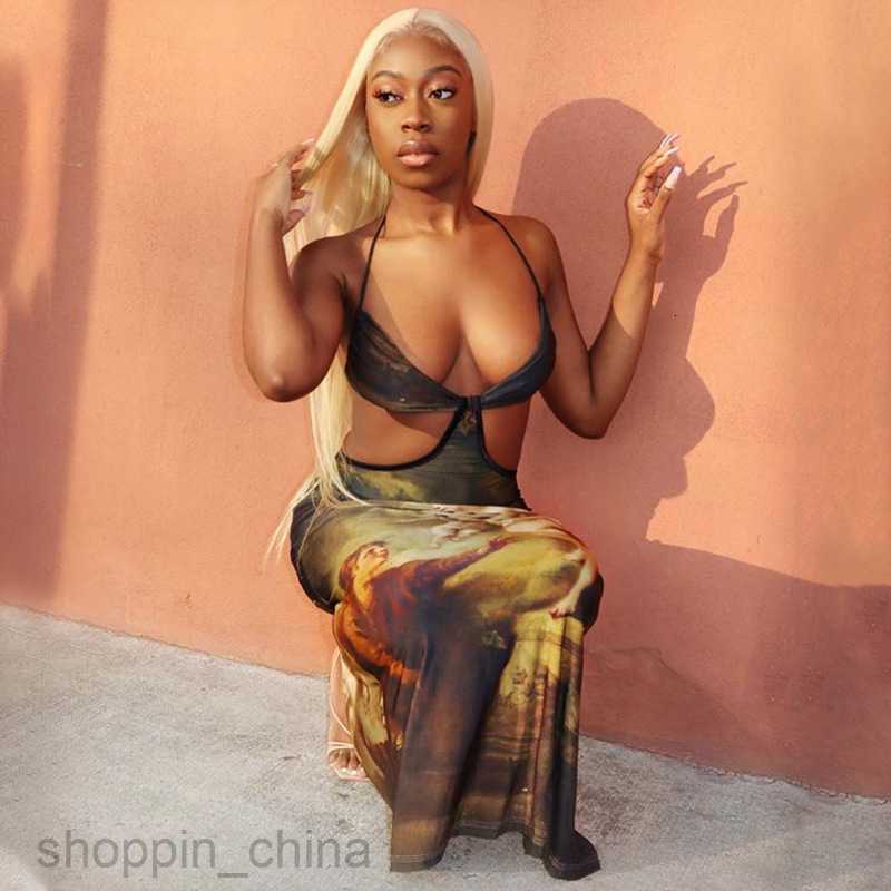 Basic Casual Dresses Women's clothing new product summer hanging neck suspender undershirt waist hollow printed dress