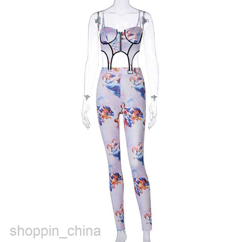 Women's Two Piece Sets Pants Spring Top New Zipper Printed Strap Small Tank Top Long Pants Casual Set for Women