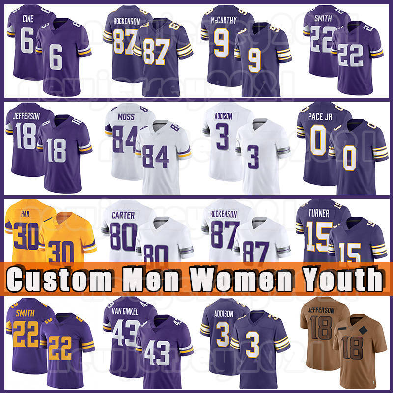 87 T.J. Hockenson 18 Justin Jefferson Football Jerseys 9 J.J. McCarthy 15 Turner Addison Aaron Jones Harrison Smith C.J. Ham Trent Sherfield SR Lewis Cine Andrew Van Ginkel