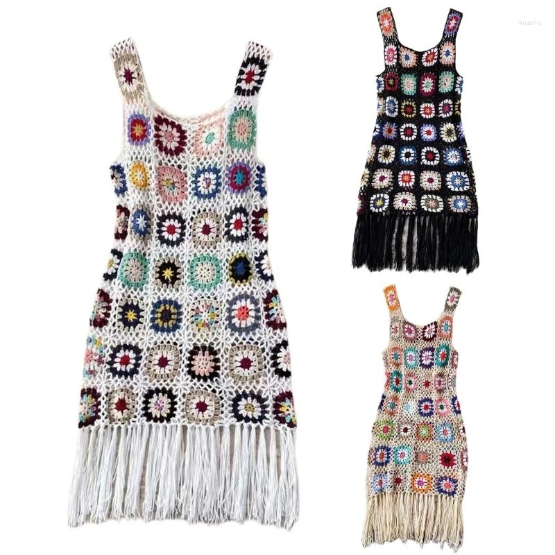 Casual Dresses Women Crocheted Flower Beach Sleeveless Square Neck A Line Short Cover Up Dress 10CF