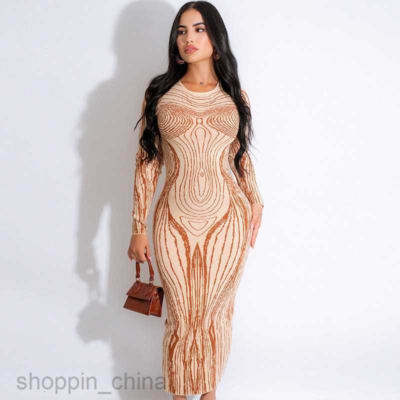 Basic Casual Women Dresses Women Spring New Fashionable Abstract Copying Human Body Print Long style Wrapped Hip Long sleeved Dress for Woman