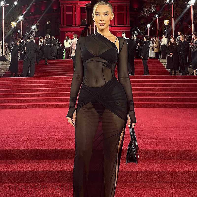Basic Casual Women Dresses Women's Spring New Long sleeved Sexy Mesh Perspective Long Skirt Hollow Open Back Dress for Women