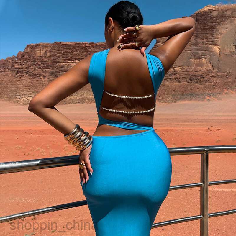 Basic Casual Women Dresses Summer Women's New Solid Color Hollow Pearl Chain Sexy Backless Fashion Wrapped Hip Dress