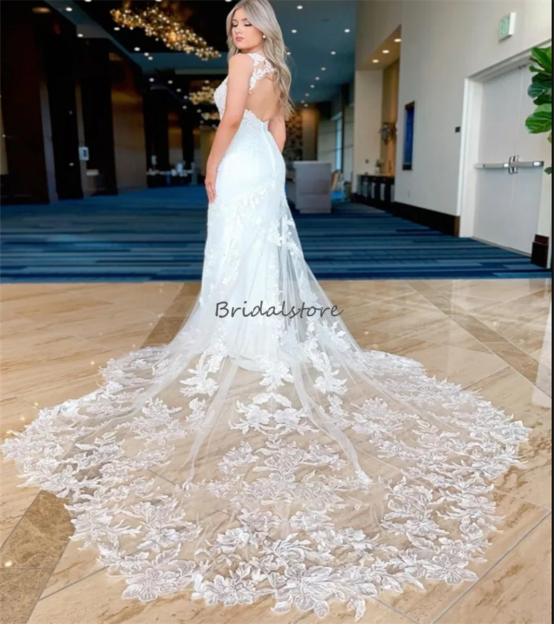 Glam Mermaid Lace Wedding Dresses 2024 Sexy Open Back White Appliques Boho Bridal Gowns Sweep Train Elegant Women Beach Bohemian Bride Dress Robe De M