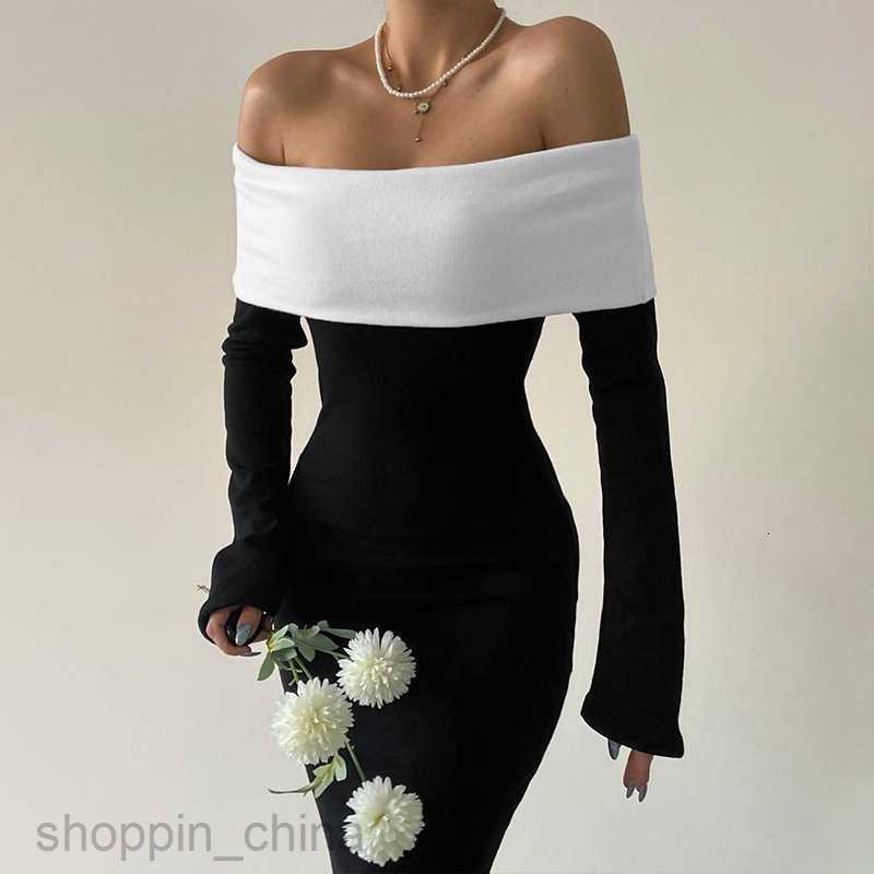Basic Casual Dresses Fashion Classic Contrast Layer Wrap Chest Long Sleeve Slim Fit Wrap Hip Style Long Dress