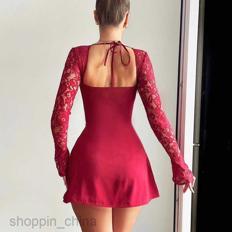 Basic Casual Women Dresses women's clothing sexy chest wrap close fitting patchwork lace long sleeved lace up hanging neck sexy short dress