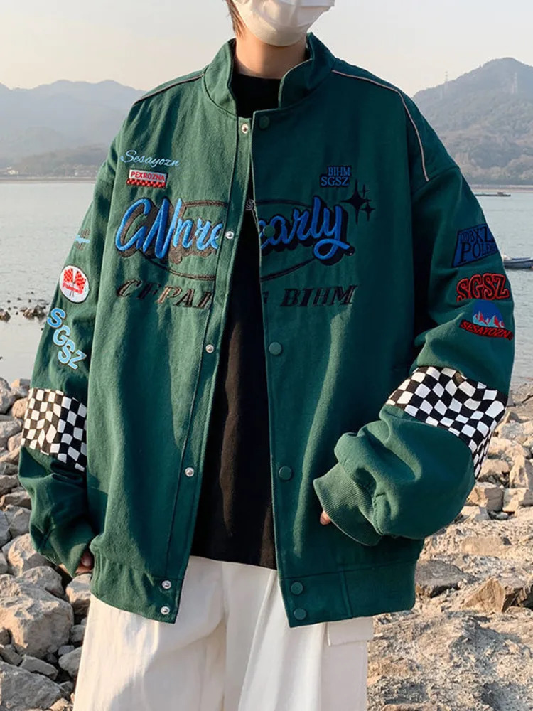 Embroidery Fashion Streetwear Racer Jackets Men Women Y2K HipHop Motorcycle Plaid Vintage Bomber Harajuku Autumn Jackets Coat 240530