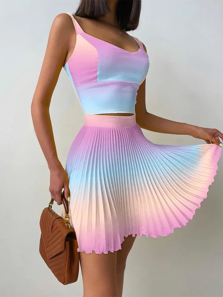 Two Piece Set For Women Mini Print Short Pleated Skirt Sets 2 Piece Sets Floral Camisole Skirt White Outfit For Sexy Club Party 240601