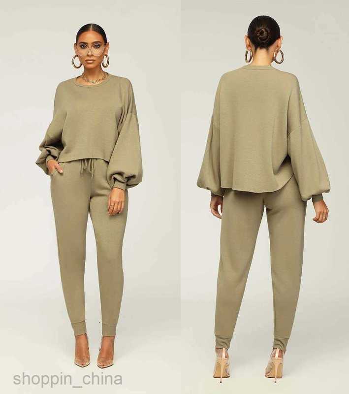 Women's Tracksuits Women's Autumn New Round Neck Shoulder Flare Sleeve Drawstring Jogging Set Sets