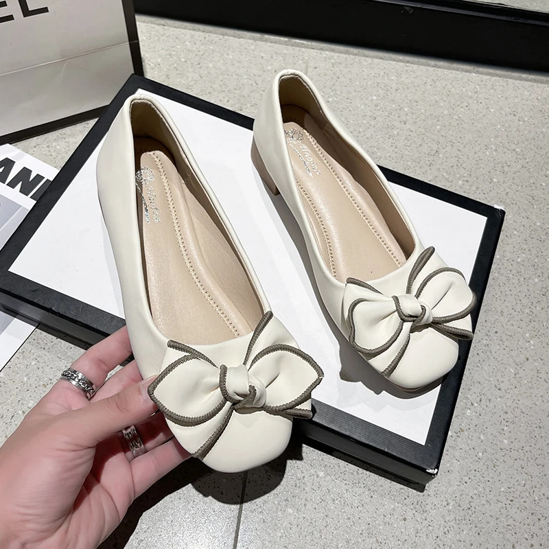 Chain Ribbon Two-Tone Flat Pumps Single-Layer Shoes for Women Square Toe Shallow Mouth Soft Bottom Comfortable Flat Pumps 240612