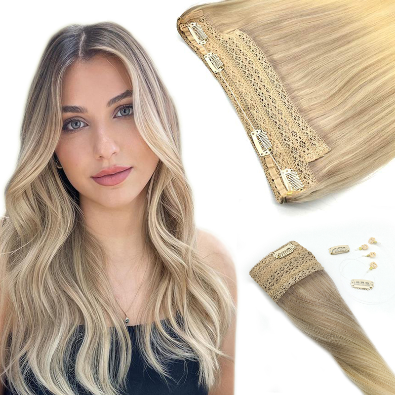 Fish Line Human Hair Extensions Invisible Wire Highlight Ombre Hair Extensions Honey Blonde Piece Hair With Natural On Clips