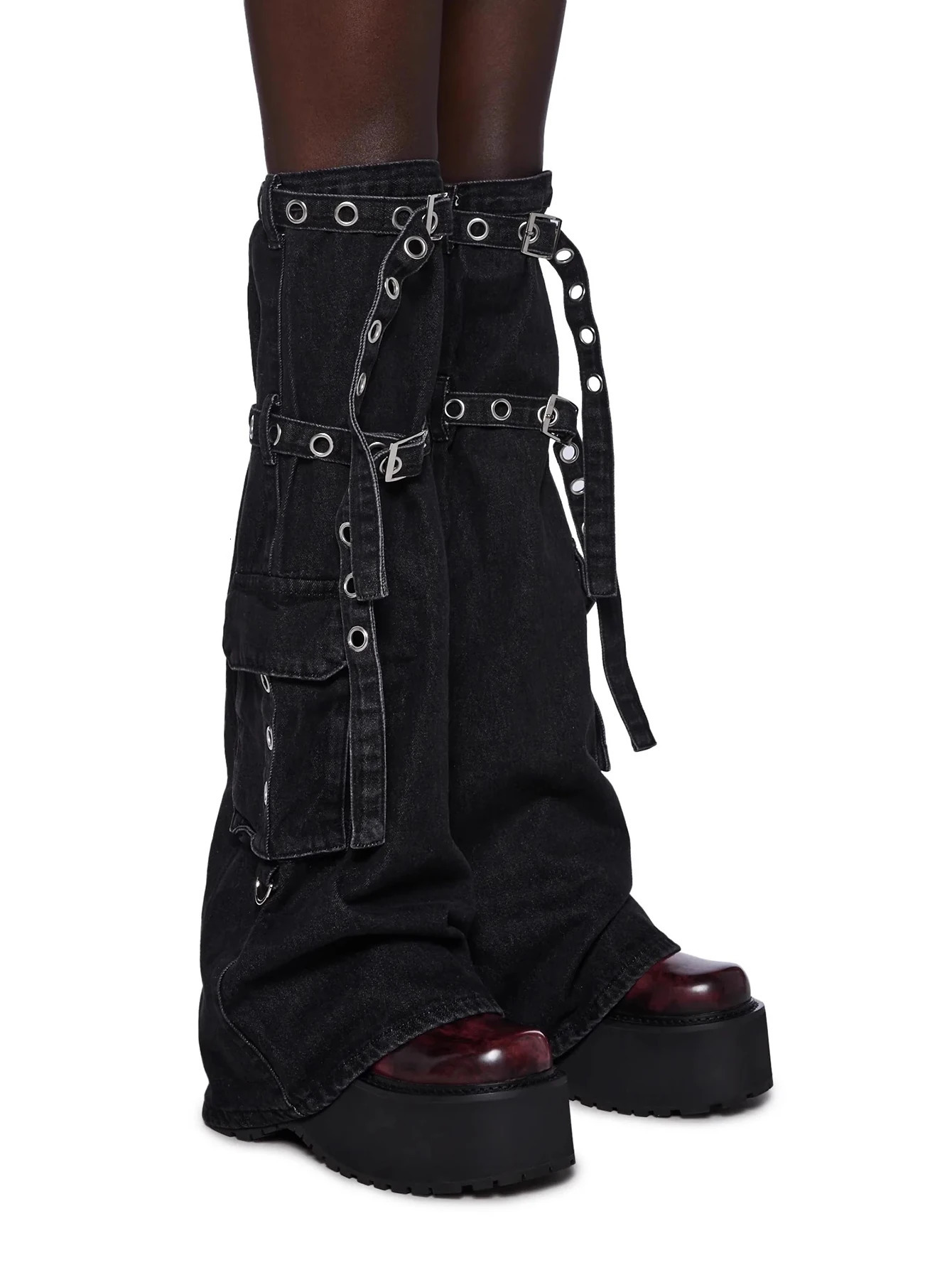 REDDACHiC Women Function Pocket Black Leg Warmers Self-belt Denim Long Socks Y2k Leg Gaiter Punk Goth Dark Academia Boots Cover 240613