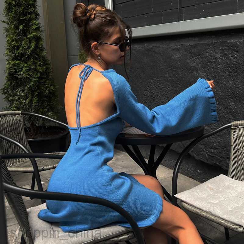 Basic Casual Women Dresses Woolen sexy lace up backless dress style spring new flared long sleeved solid color short skirt