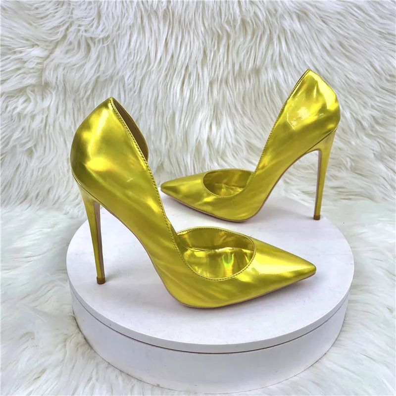 patent leather gold high-heeled shoes 12CM pointed thin heel sexy single shoes side empty wedding pumps 240612