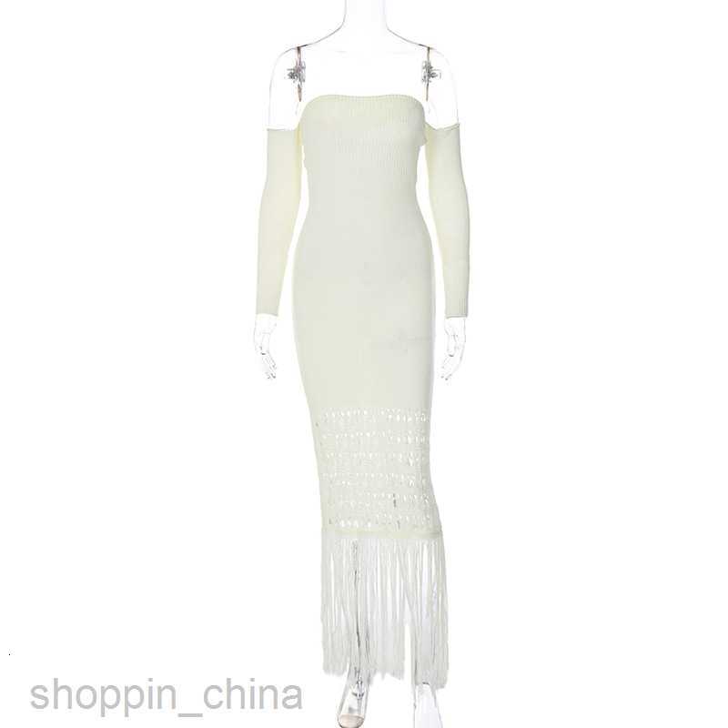 Basic Casual Women Dresses Feng Spring New Woolen Weaving Style Slim Tassel Long Dress Long sleeved Shoulder Wrapped Chest Dress