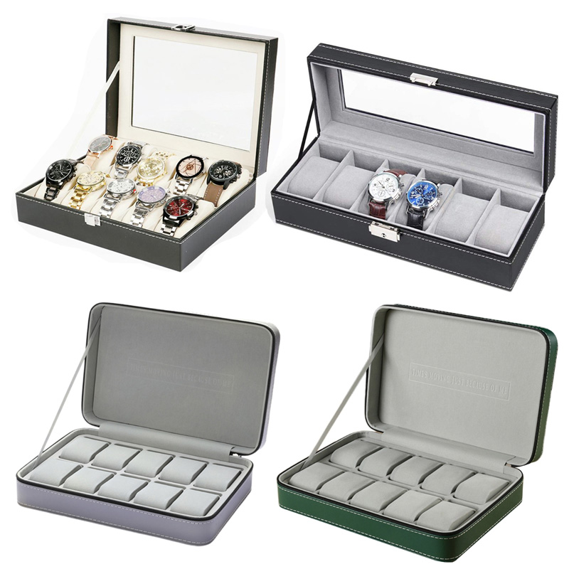 PU Leather Watch Box Practical Watches Display Case Jewelry Storage Organizer with Lock/Zipper for Women Men Gift Supplies