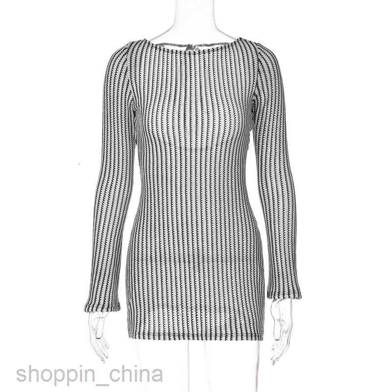 Basic Casual Dresses New Fashion Stripe Print Sexy Style Hollow Back Long Sleeve Slim Fit Dress for Women