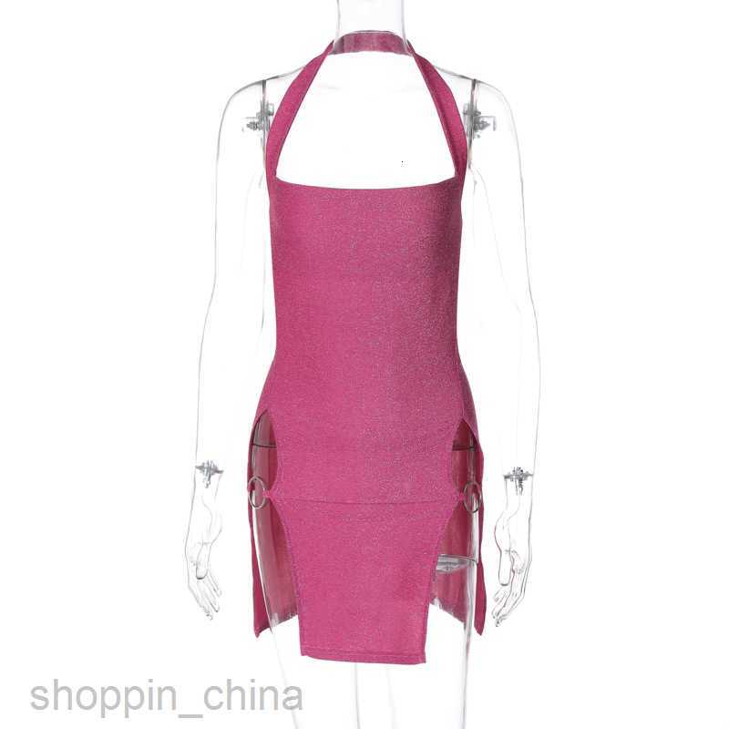 Basic Casual Women Dresses Sexy Spicy Girl Style Short Skirt Spring/Summer Women's New Hanging Neck Split Bright Silk Wrapped Hip Dress