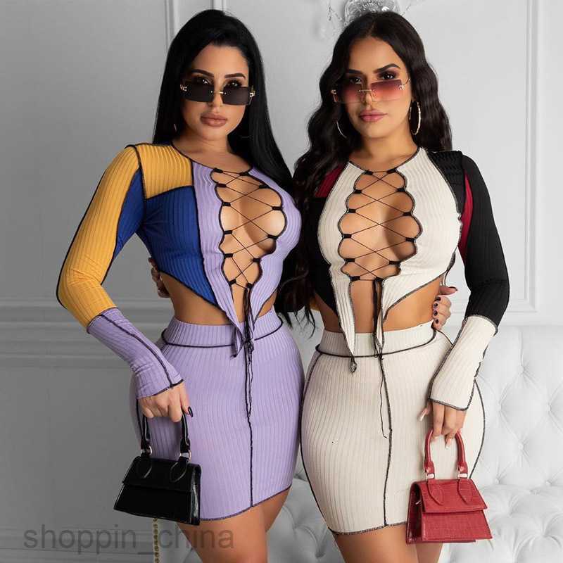 Two Piece Dress Sets summer new chest tie color contrast patchwork T-shirt short skirt reverse car edge set for women