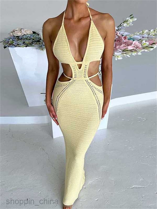 Women Halter Tieup Knit Crochet Beach Dress Sexy Backless Sleeveless Deep V Cutout Waist Wrapped Bodycon Dress Clubwear G05