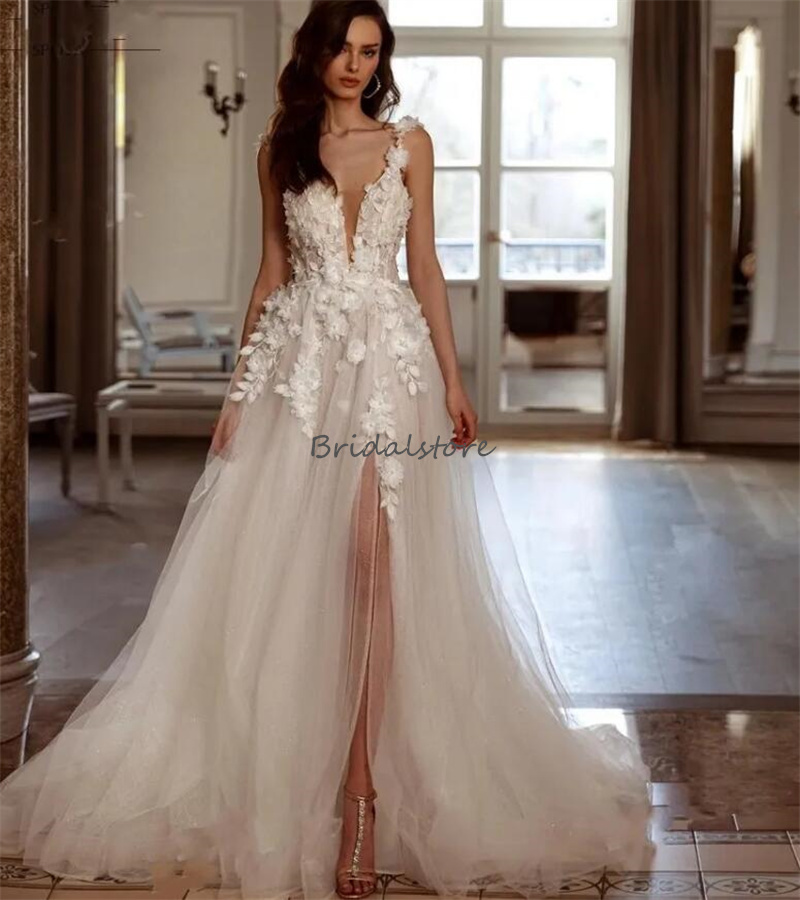 Fairy Boho Beach Wedding Dresses 3D Flowers Lace A-Line Sleeveless Split Bohemian Civil Bridal Gowns Spaghetti Straps Tulle Country Garden Bride Dress