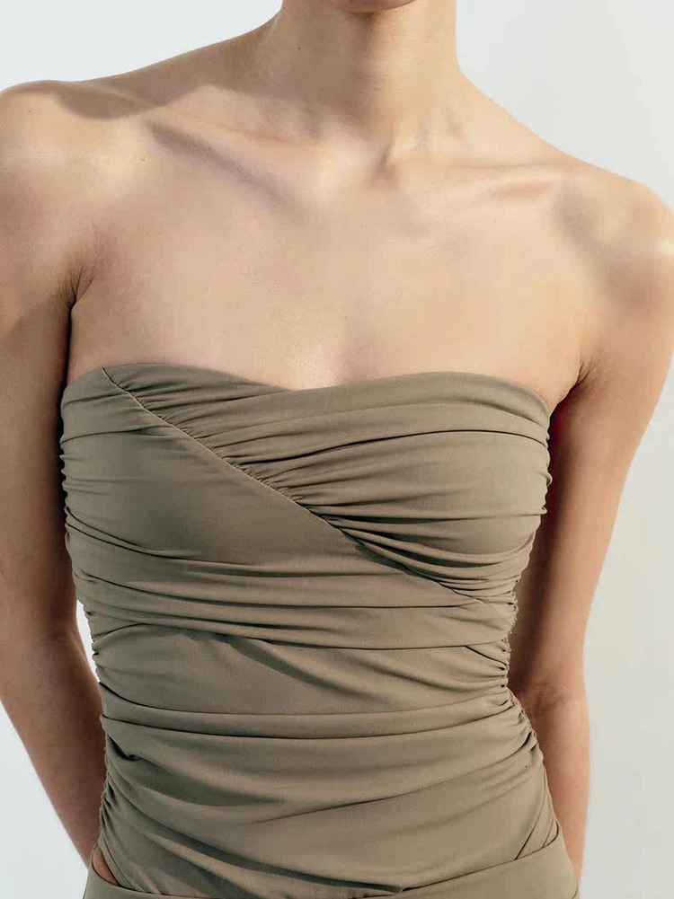 TRAFZA Womens Summer Strapless Bodysuit Ruffle Half Skirt Set Backless Sexy Tight Bodysuit Ruched Stretch Two Piece Suit 240601