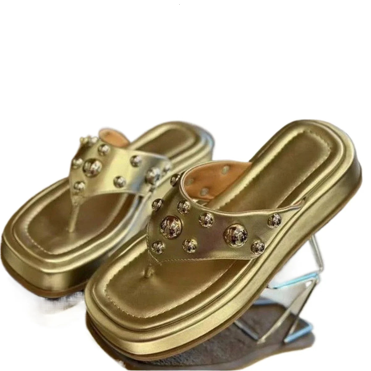 Golden Platform Slippers Women Clip Toe Cozy Shoes Walking Dress Sandals Summer Beach Flip Flops Fashion Large Size Female Flats 240613