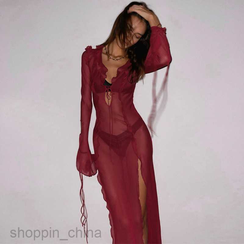 Basic Casual Women Dresses Feng Spring New Women's Sexy Perspective Reverse Side Lace V-neck Split Dress for Women