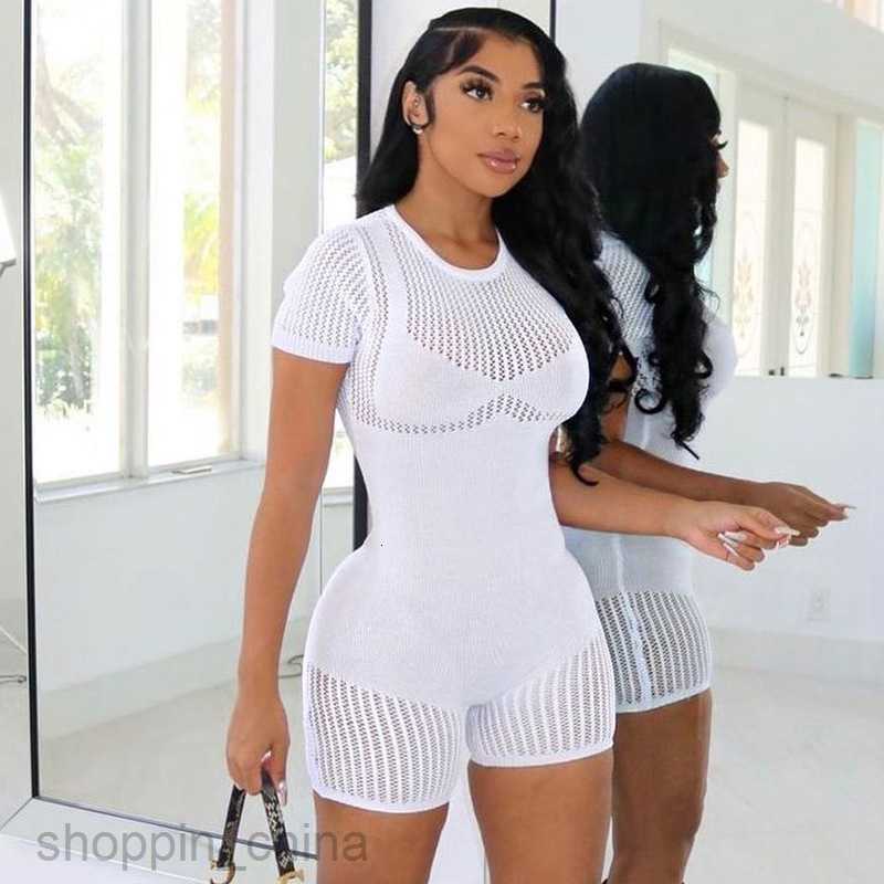 Women's Jumpsuits Rompers Feng Summer Women's New Zipper Sexy Hollow Tight Lifting Hip Knitted jumpsuit shorts for women