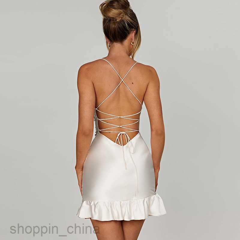 Basic Casual Dresses Wind Spring New Smooth Satin Sexy Tie Strap Backless Solid Color Short Ruffle Skirt with Hanging Strap Dress Shirt Dress