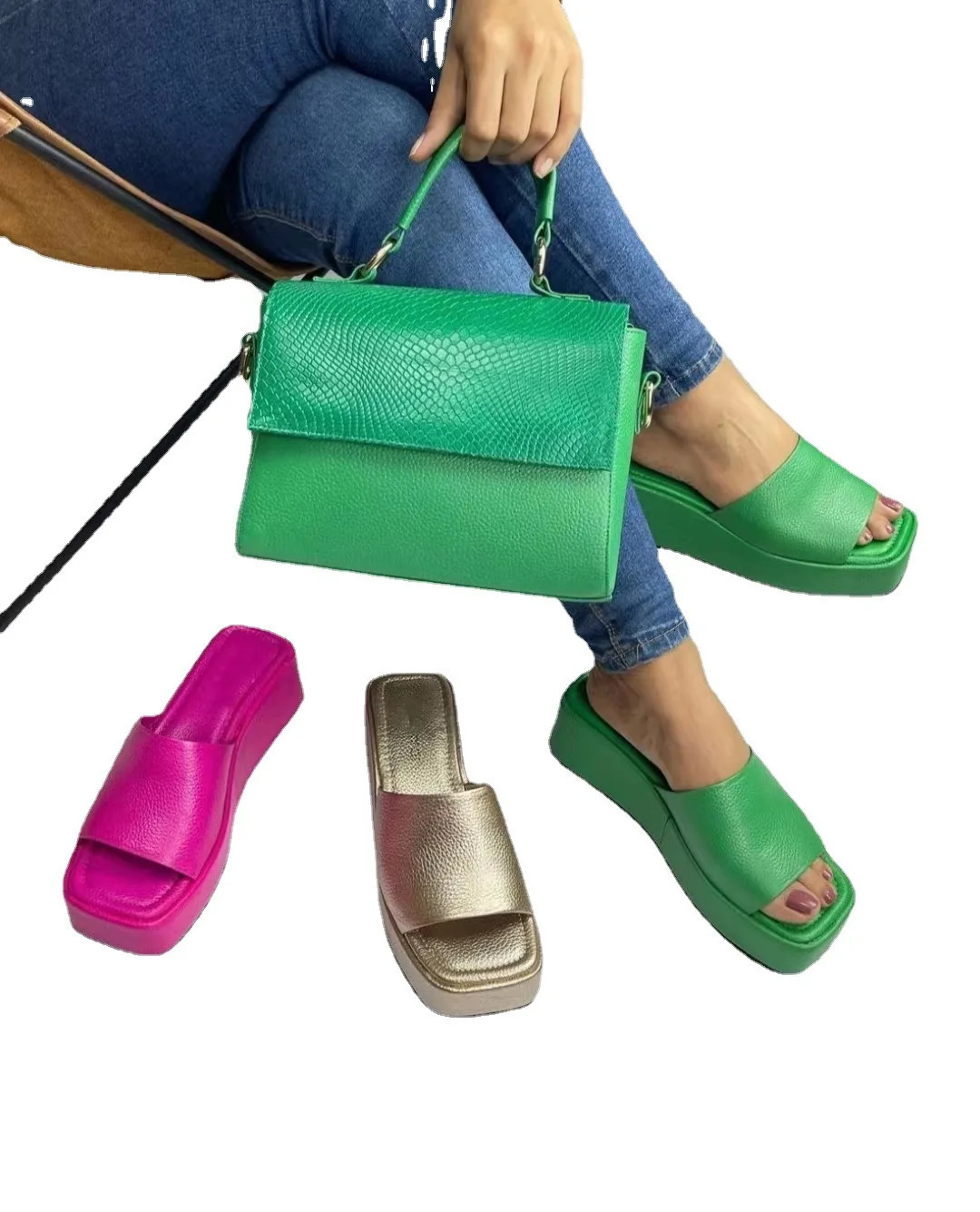 women square-headed thick-soled flat middle heel slippers womens large simple beach sandals versatile sandals slippers 240612