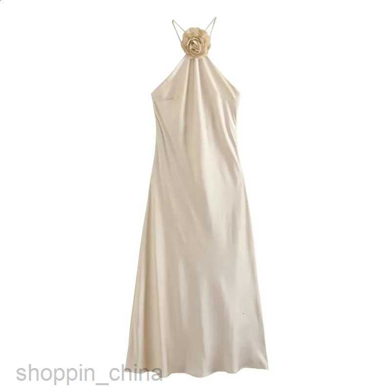 TRAF Flower Halter Dress Woman Shoulder Satin Long Women Backless Sexy Evening Dresses Summer Party For S02