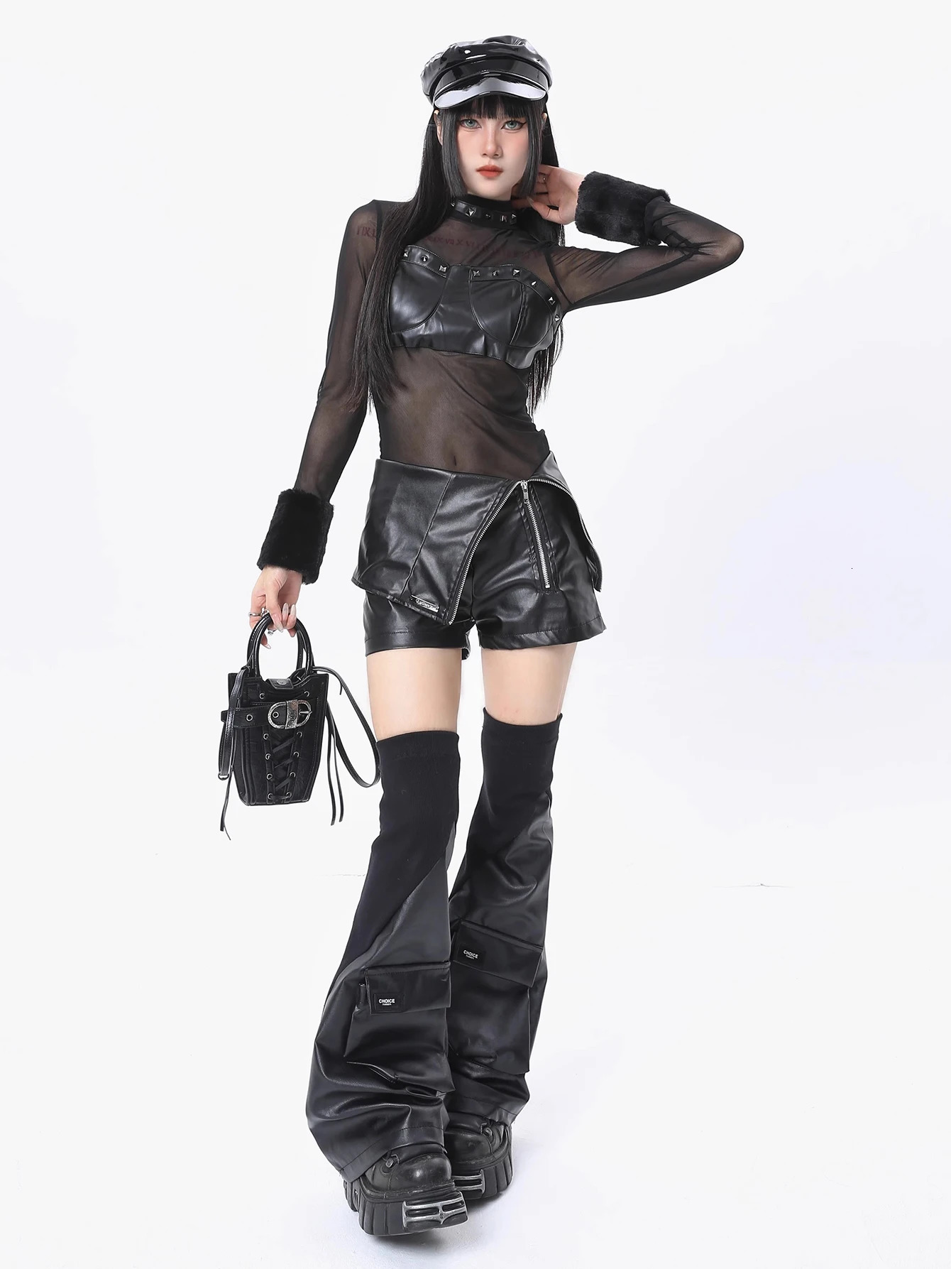 REDDACHiC Cyberpunk Y2k Stitch Knit Leather Leg Warmers Pockets Black Thigh-high Long Socks Japanese Boots Covers Womens Gaiter 240613