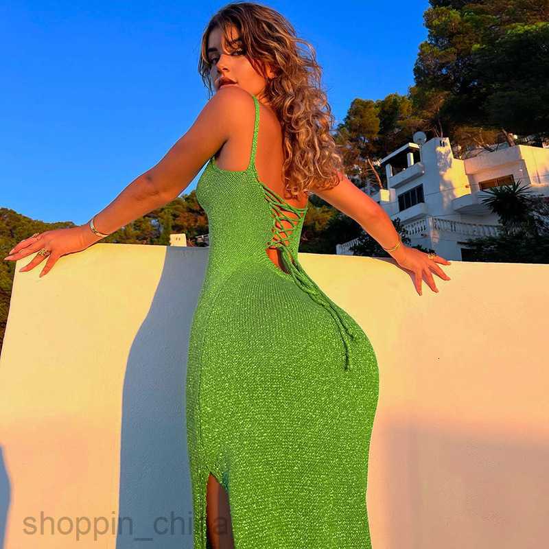 Basic Casual Women Dresses New women's dress solid color back hollowed out bandage temperament buttock split one-line collar suspender dress