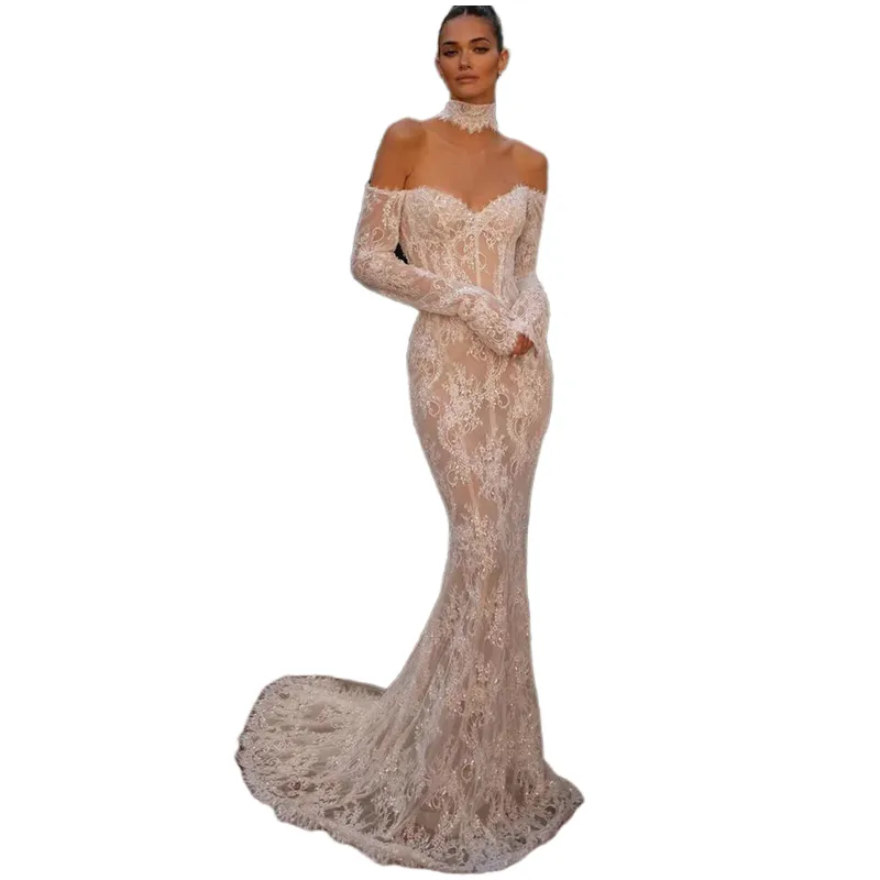 Sexy Backless Lace Mermaid Wedding Dresses Off The Shoulder Long Sleeves Bridal Gowns Illusion Champagne Ing Charming Bride Dress 2024 Summer 0914