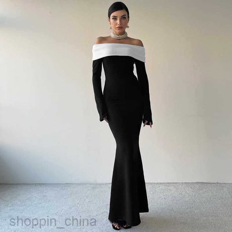 Basic Casual Dresses Fashion Classic Contrast Layer Wrap Chest Long Sleeve Slim Fit Wrap Hip Style Long Dress