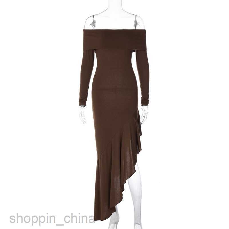 Basic Casual Women Dresses Style Fashion Women's Dress Temperament Shoulder Long Sleeve Fit Ruffle Edge Long Dress for Women