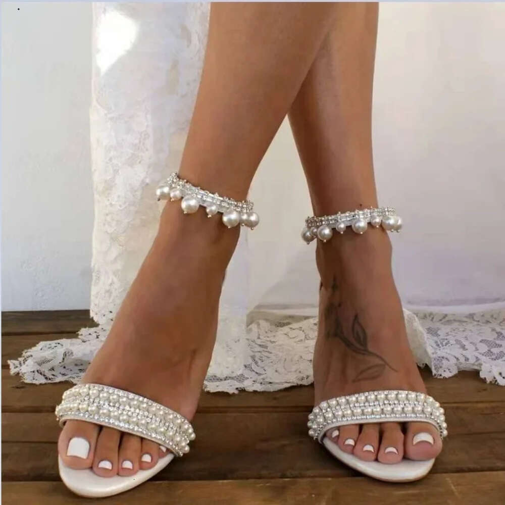 2023 Pearl Women Open Toe Rhinestone Diamond Sandals Thick Heeled High Heels Woman Sexy Wedding Shoes Bride