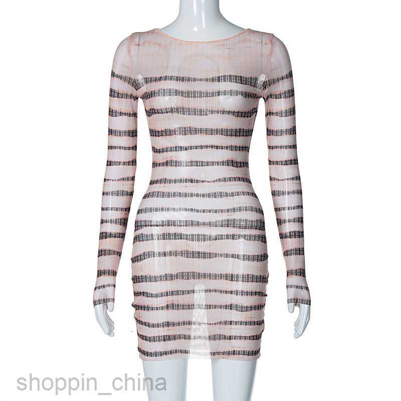 Basic Casual Women Dresses style sexy perspective long sleeved striped printed fashion style versatile slim fit dress for woman