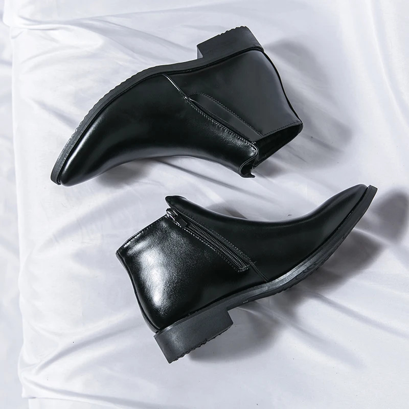 Pointed Toe Mens High Top Footwear Classic Retro Leather Chelsea Boots Men Side Zipper Fashion Ankle Boots Male Business Shoes 240612