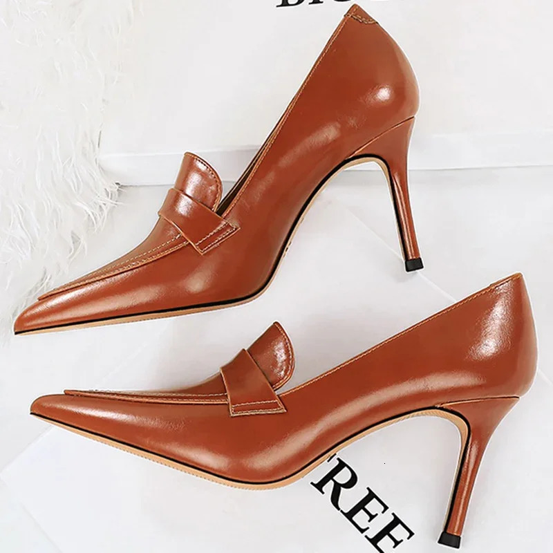 Elegant Women 8cm High Heels Slipony Pumps Retro Classic Pu Leather Stiletto Thin Heels Lady Brown Office Roman Simple Shoes 240612