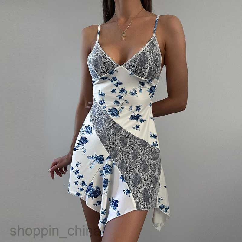 Basic Casual Dresses Women's Spring New Fashion floral deep V collage lace sexy suspender slit dress for women