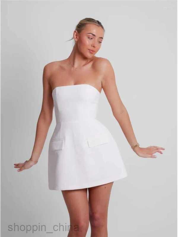 Casual Dresses Sexy Solid Strapless Mini Dress For Women Elegant Slim Backless Pockets A-line Female Chic Street Vestido Robe G05