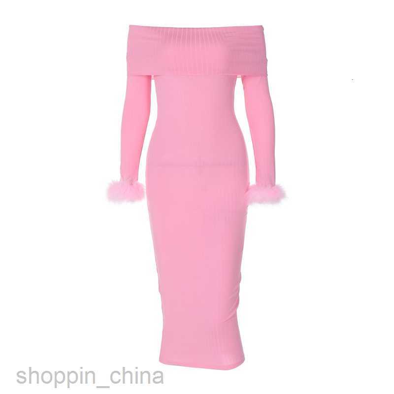 Basic Casual Women Dresses Winter new sexy super pink one line neckline shawl long sleeved patchwork woolen slim fit long style elegant dress