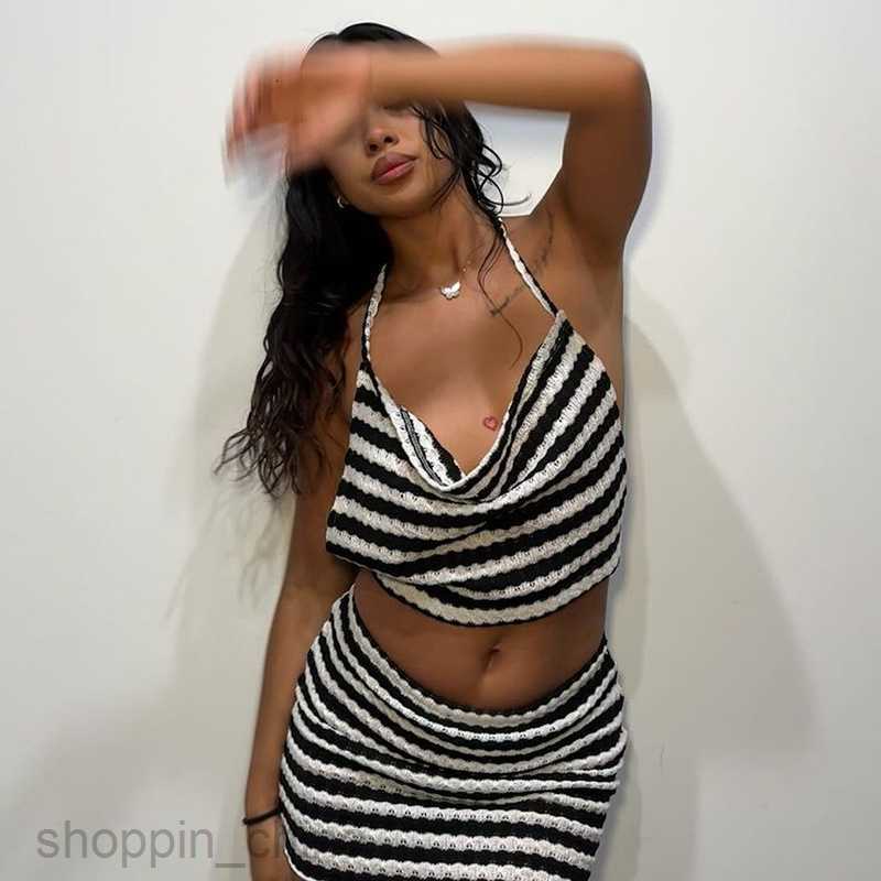 Two Piece Dress Sets New sexy hanging neck backless chest wrapped fashion striped buttocks wrapped short skirt set for women