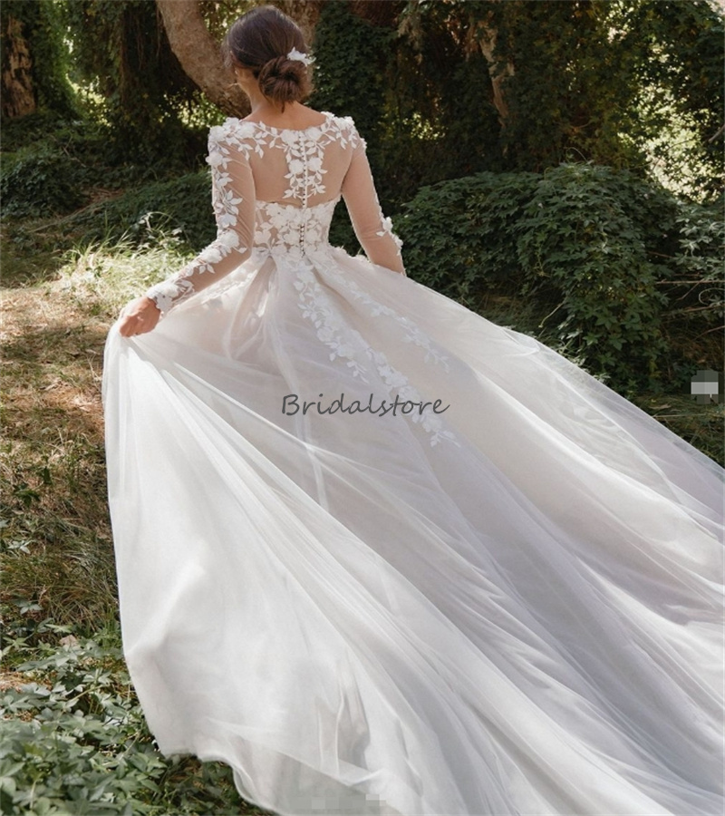 Charming Lace Boho Wedding Dresses With High Slit Elegant Long Sleeve Summer Garden Bridal Dress Tulle 3D Florals Bohemian Bride Dress Custom Made For