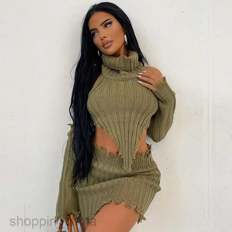 Two Piece Dress Sets New Set Sweater Women Sexy Wrap Chest High Collar Long Sleeve Irregular Short Skirt Edge Three Piece Set Women