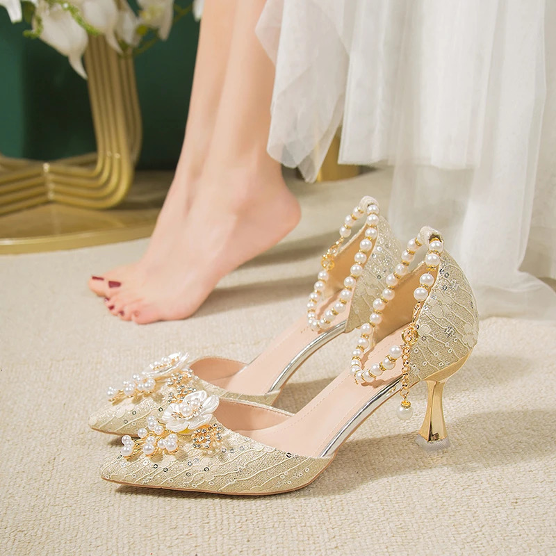 Spring white lace beaded tassel stiletto bridal wedding shoes rhinestone large size single shoes banquet dress women sandals 240612