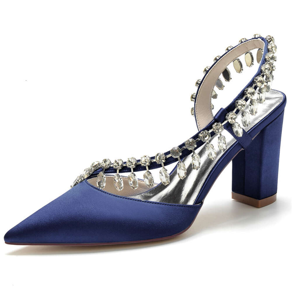 Block Heel Wedding Bridal Pumps Shoes Satin Rhinestones Tassel Pointed Toe Slip On Women Heels For Party/Engagement/Evening/Prom